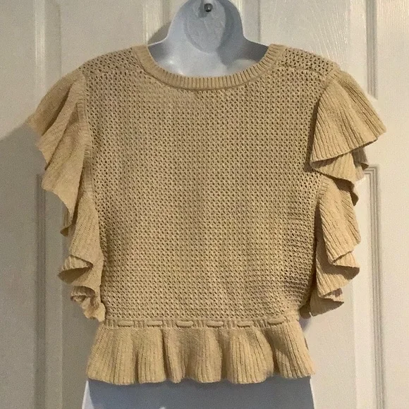 ELAN Womens 100% Cotton Tan Open Knit Boho Ruffled Cropped Neutral Spring Top L - Picture 5 of 8